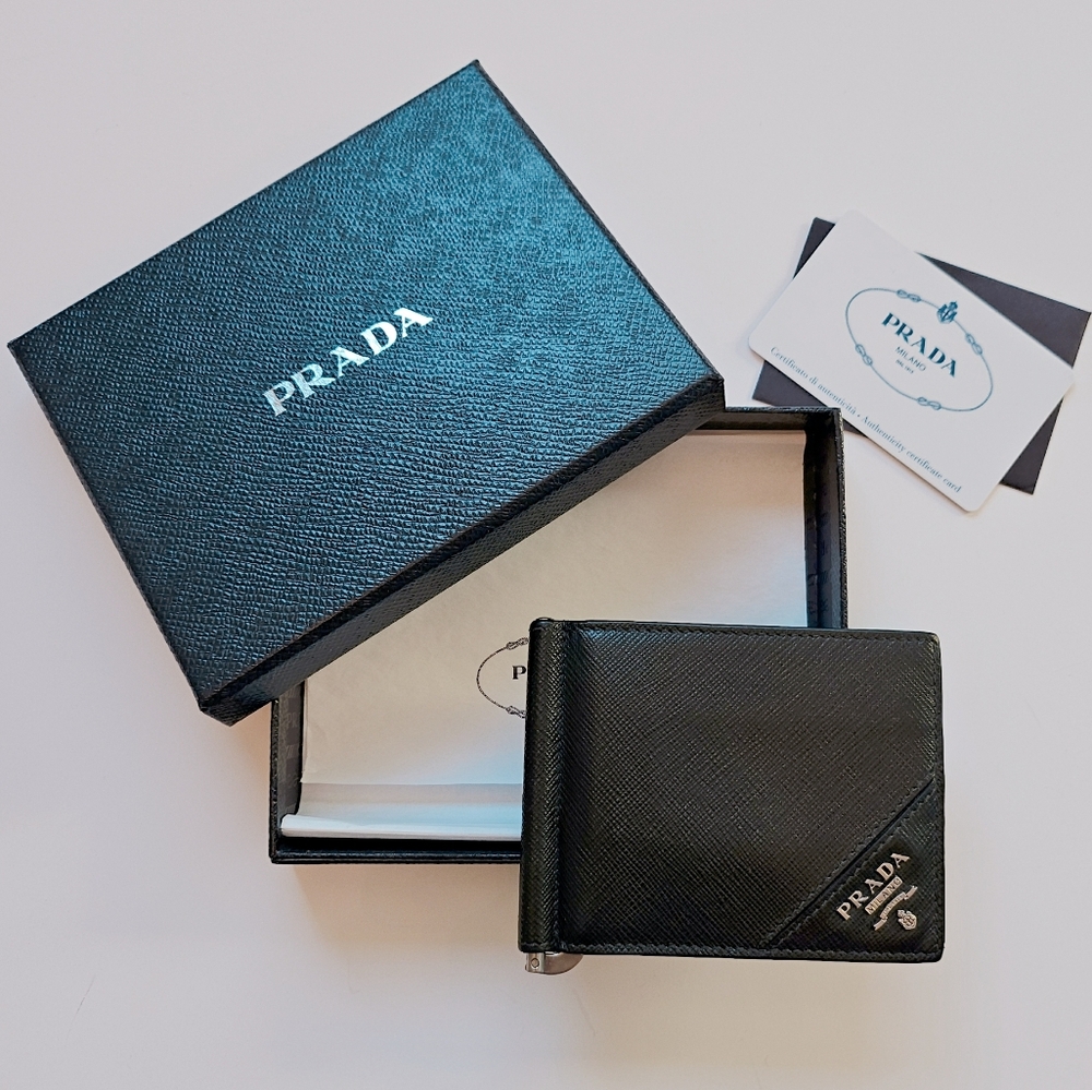 PRADA Black Bifold Credit Card Money Clip Wallet With Logo.